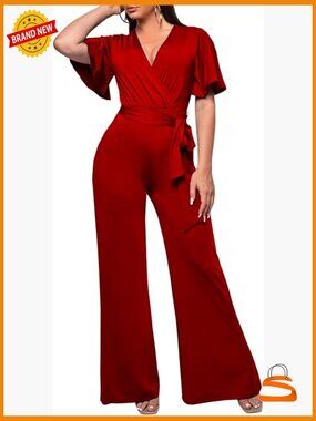 Elegant Plus Size Jumpsuit Sexy Back Zipper Short Sleeve Wide Leg Straight
